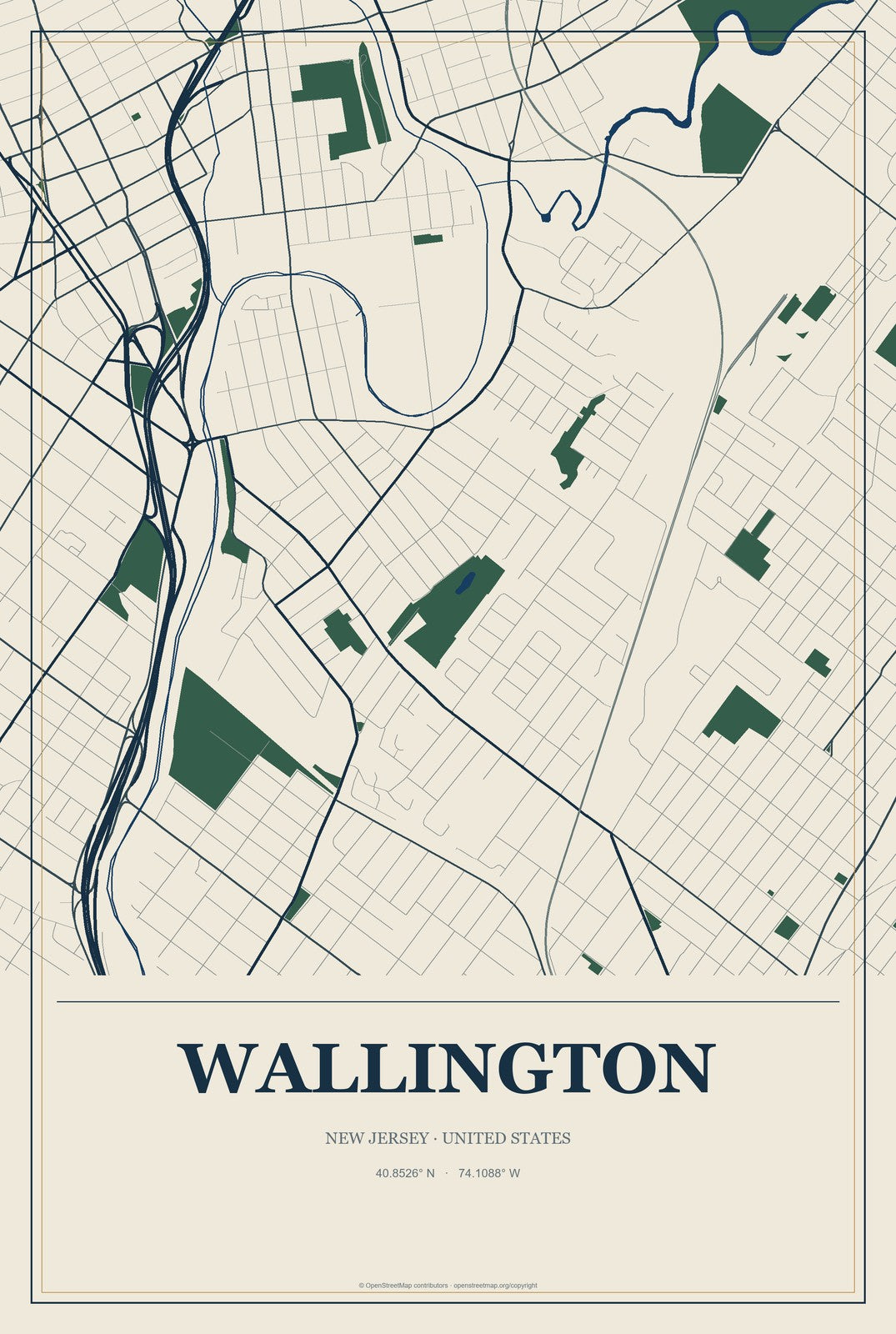 Wallington, New Jersey City Map Aluminum Sign in Coastal Cutout style