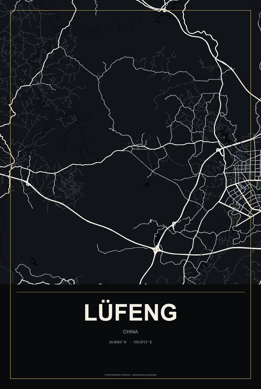 Lüfeng, China City Map Aluminum Sign in Metropolitan Noir style