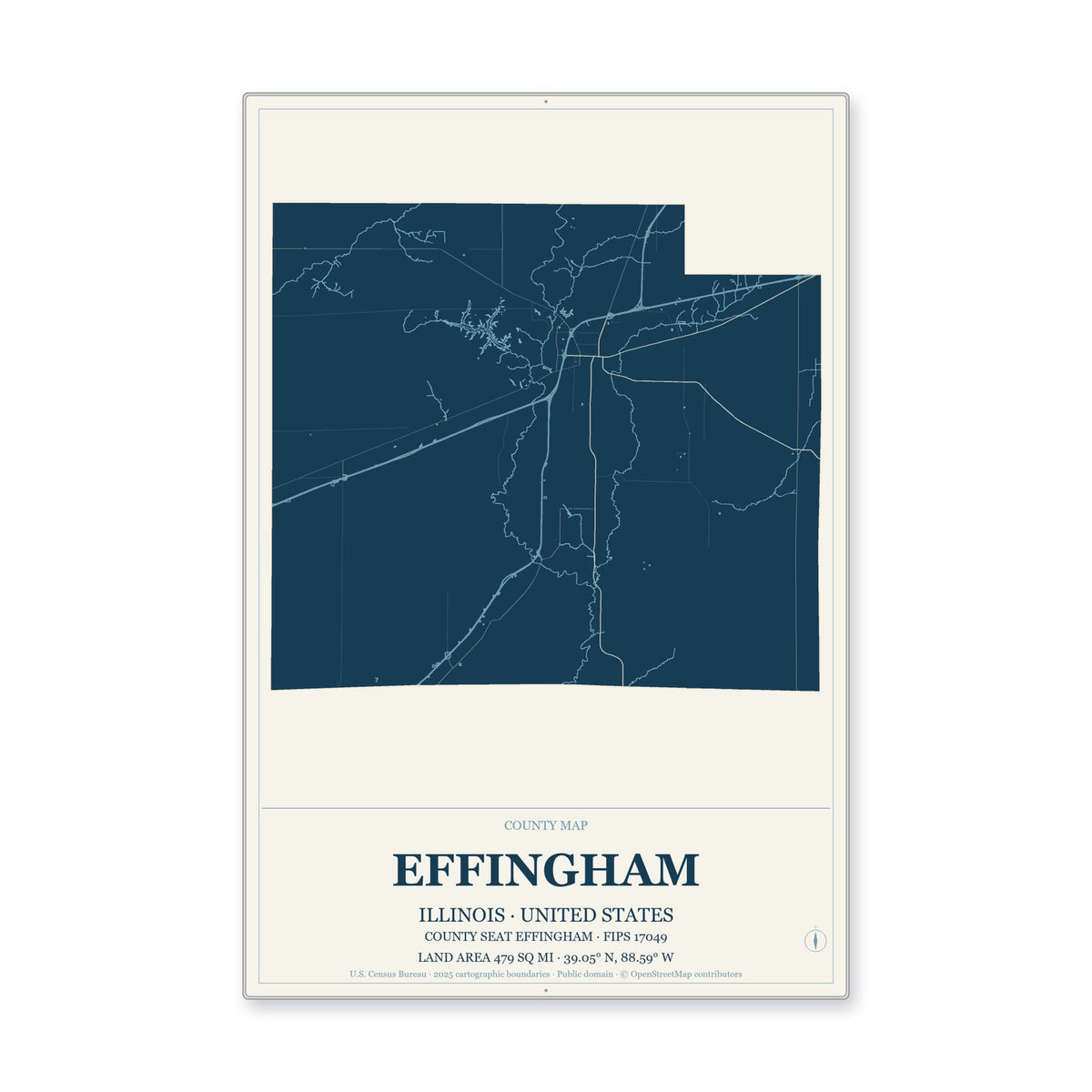 Effingham County, Illinois Map Aluminum Sign in Coastal Cutout style