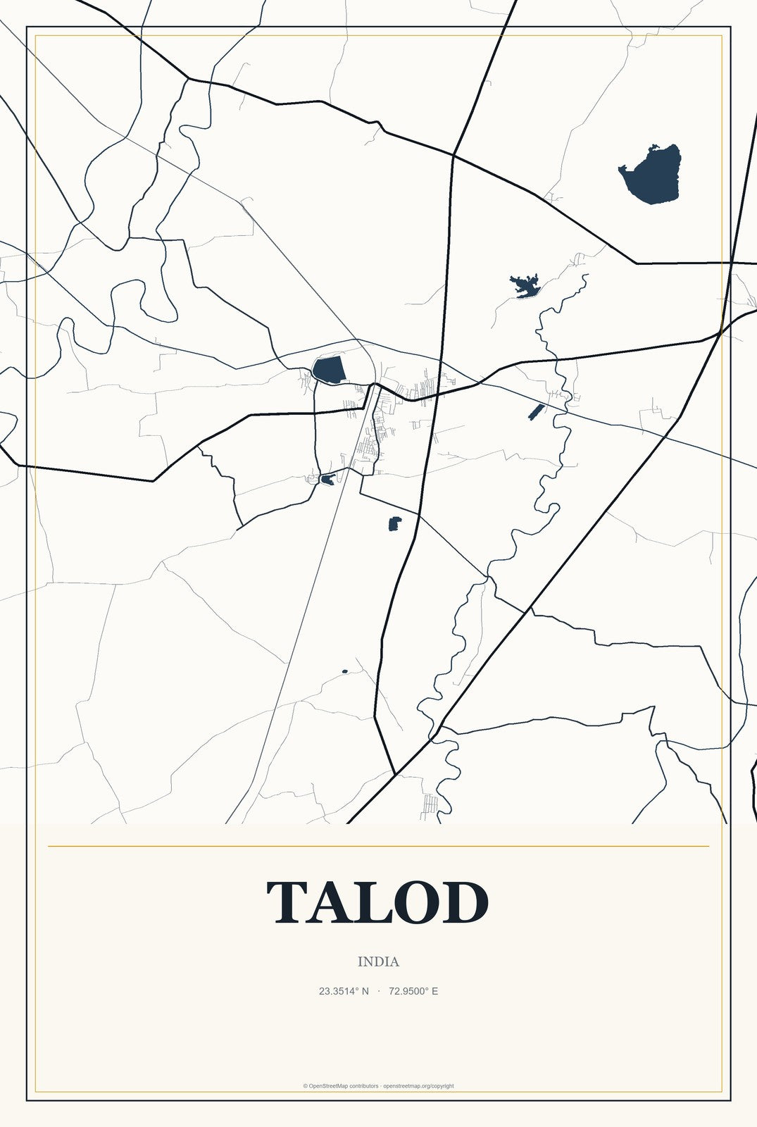 Talod, India City Map Aluminum Sign in Citrine Modern style