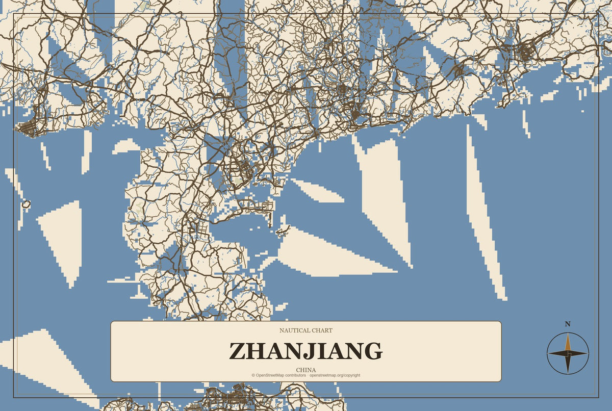 Zhanjiang, China City Map Aluminum Sign in Heritage Nautical style