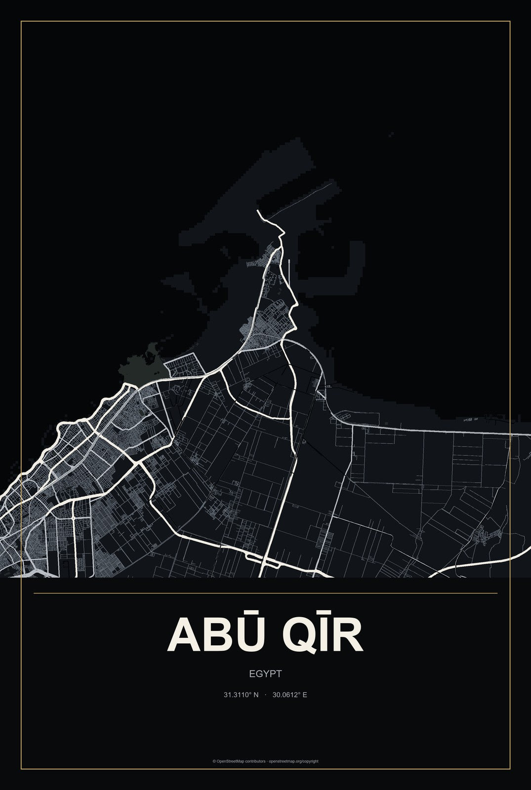 Abū Qīr, Egypt City Map Aluminum Sign in Metropolitan Noir style