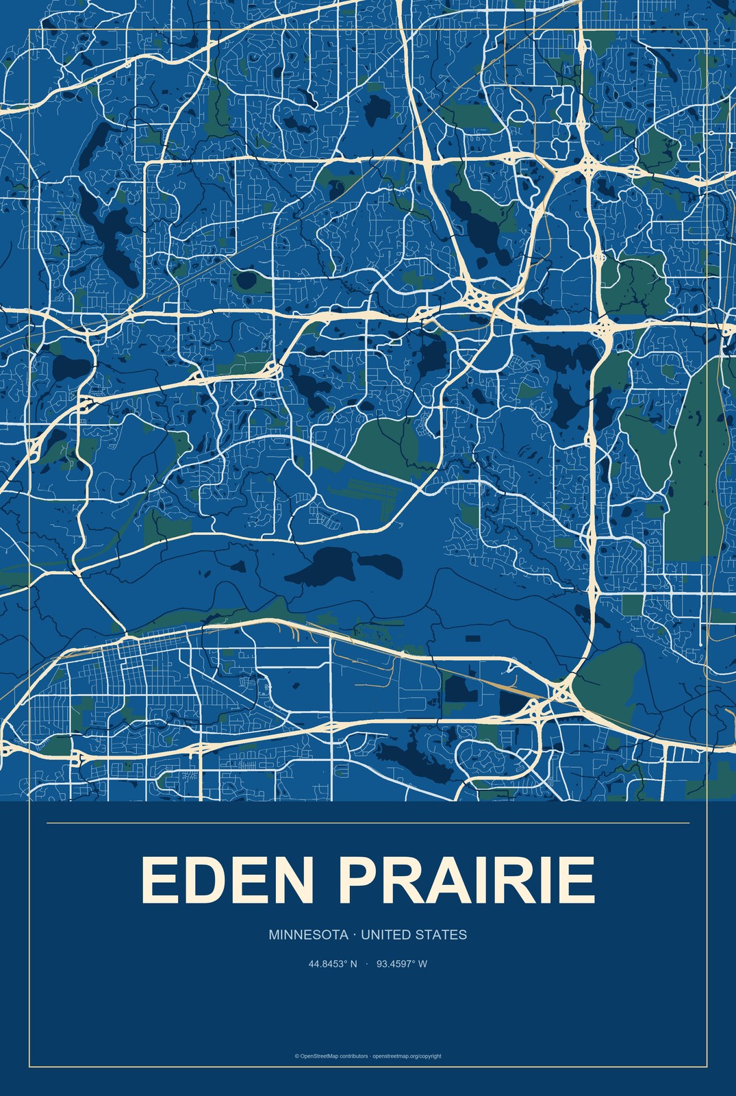 Eden Prairie, Minnesota City Map Aluminum Sign in Harbor Cobalt style