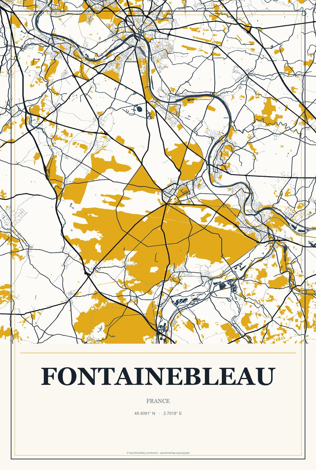 Fontainebleau, France City Map Aluminum Sign in Citrine Modern style