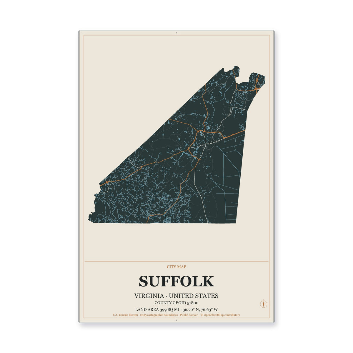 Suffolk city, Virginia Map Aluminum Sign in Headline Atlas style