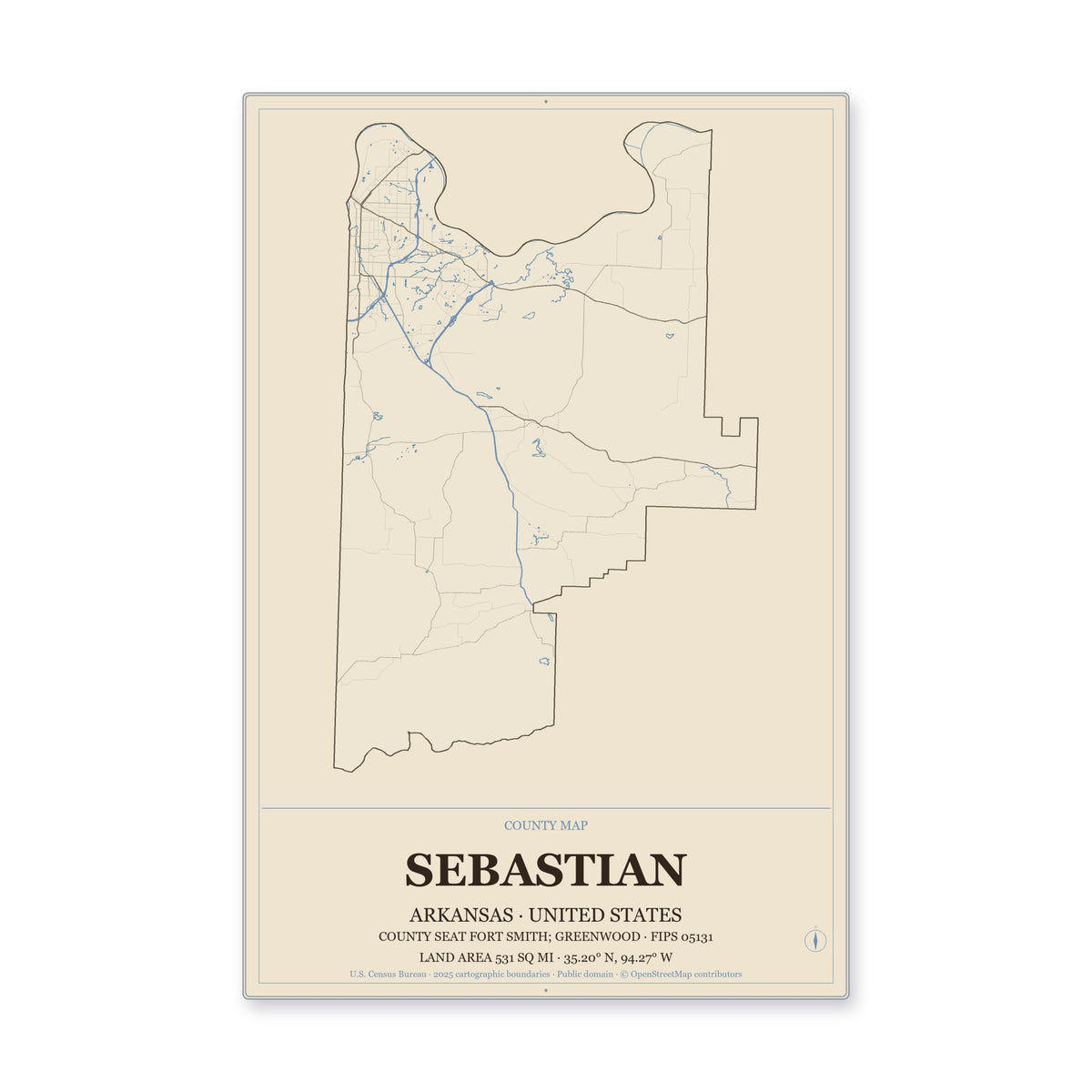 Sebastian County, Arkansas Map Aluminum Sign in Heritage Nautical style