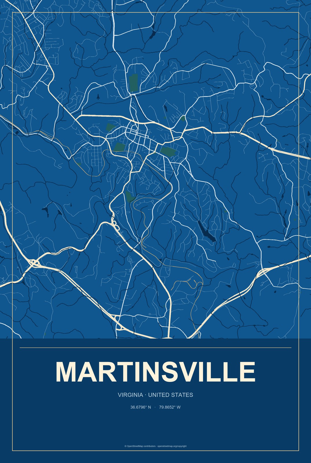 Martinsville, Virginia City Map Aluminum Sign in Harbor Cobalt style