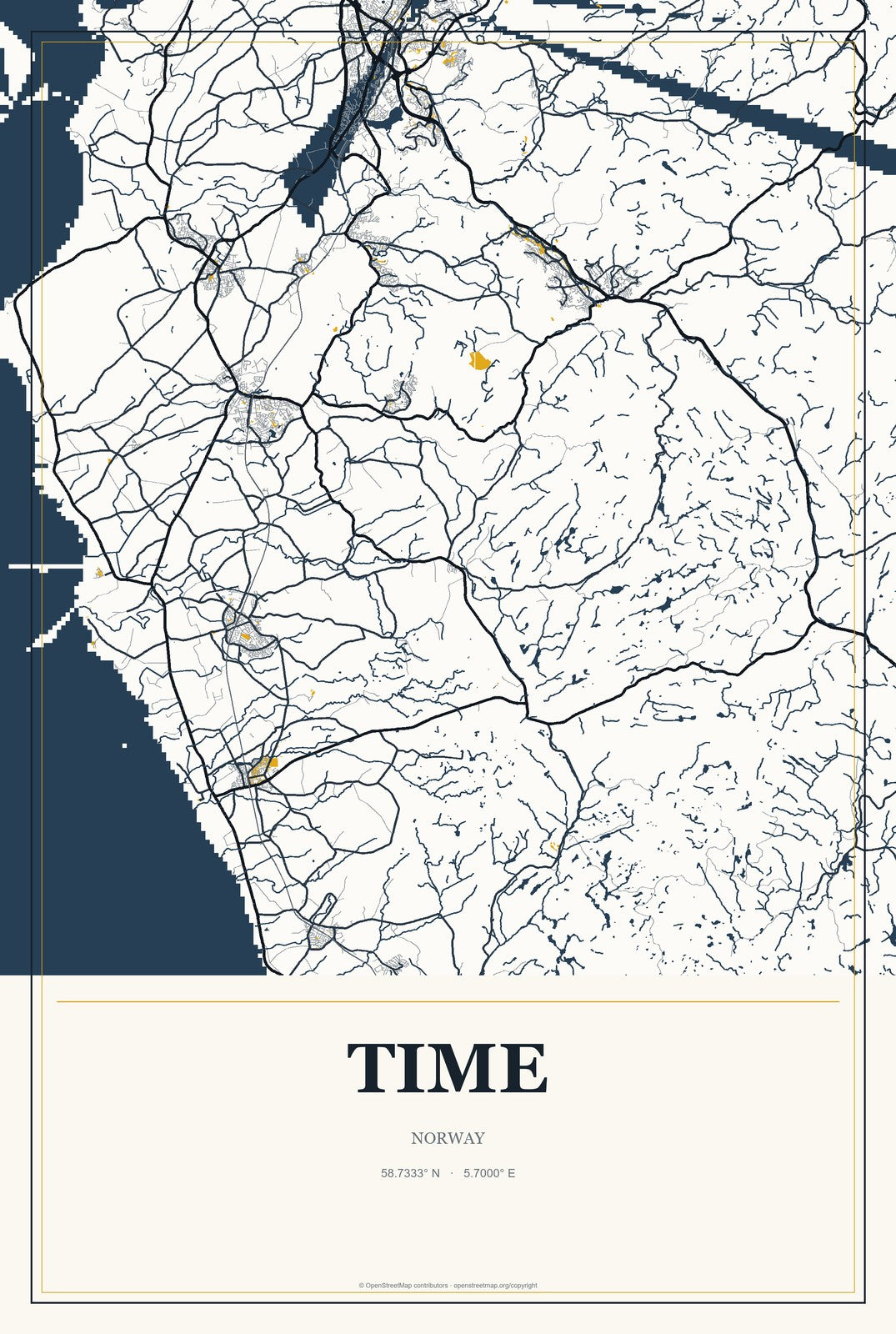 Time, Norway City Map Aluminum Sign in Citrine Modern style