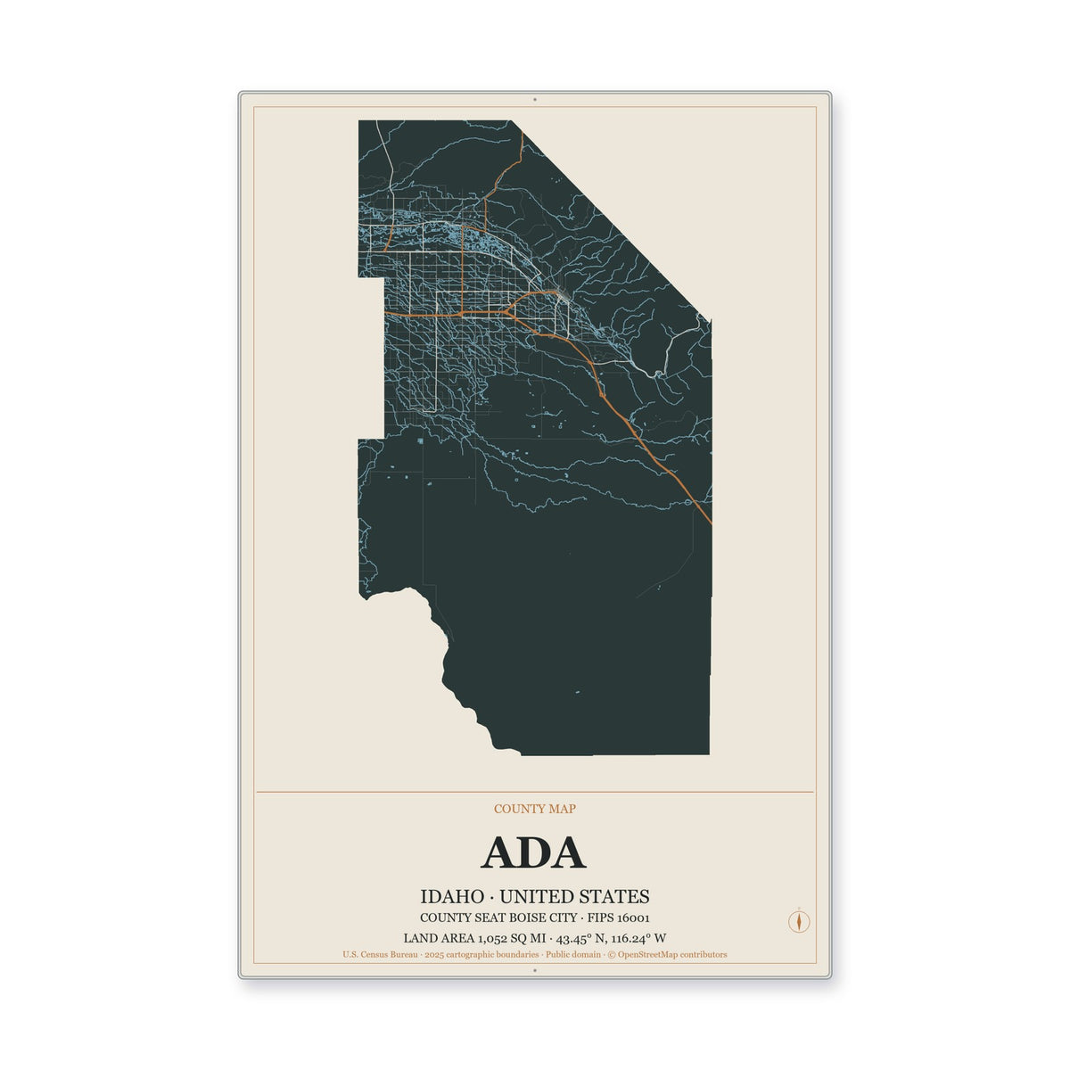 Ada County, Idaho Map Aluminum Sign in Headline Atlas style