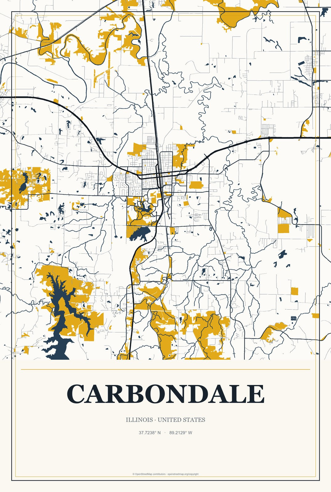Carbondale, Illinois City Map Aluminum Sign in Citrine Modern style
