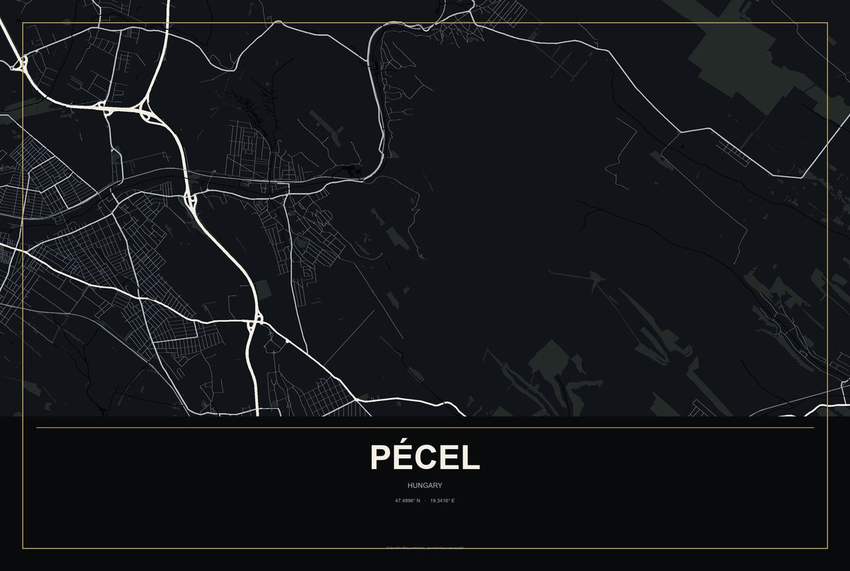 Pécel, Hungary City Map Aluminum Sign in Metropolitan Noir style