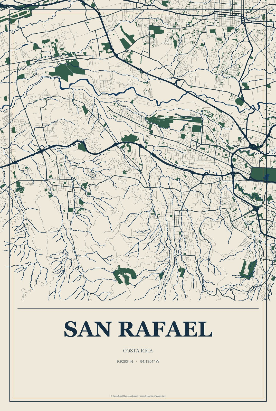 San Rafael, Costa Rica City Map Aluminum Sign in Coastal Cutout style