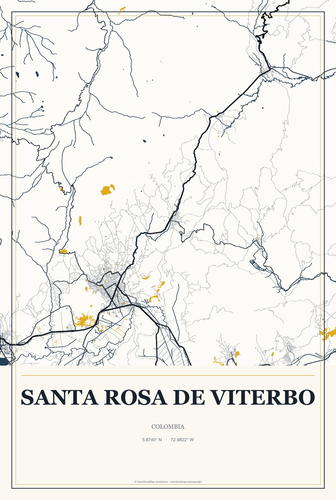 Santa Rosa de Viterbo, Colombia City Map Aluminum Sign in Citrine Modern style