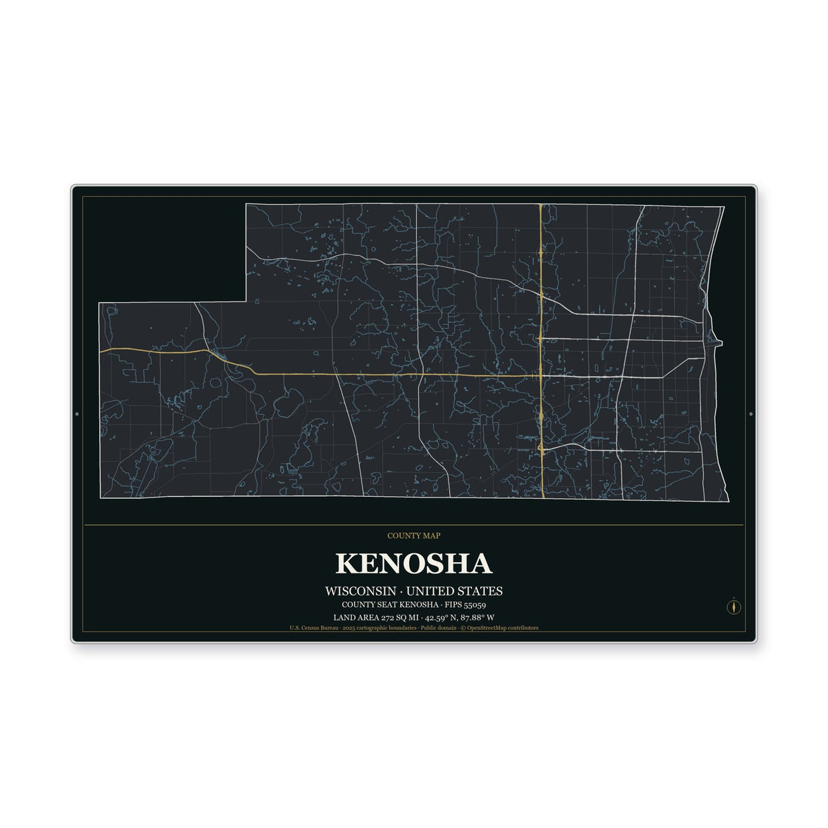 Kenosha County, Wisconsin Map Aluminum Sign in Metropolitan Noir style