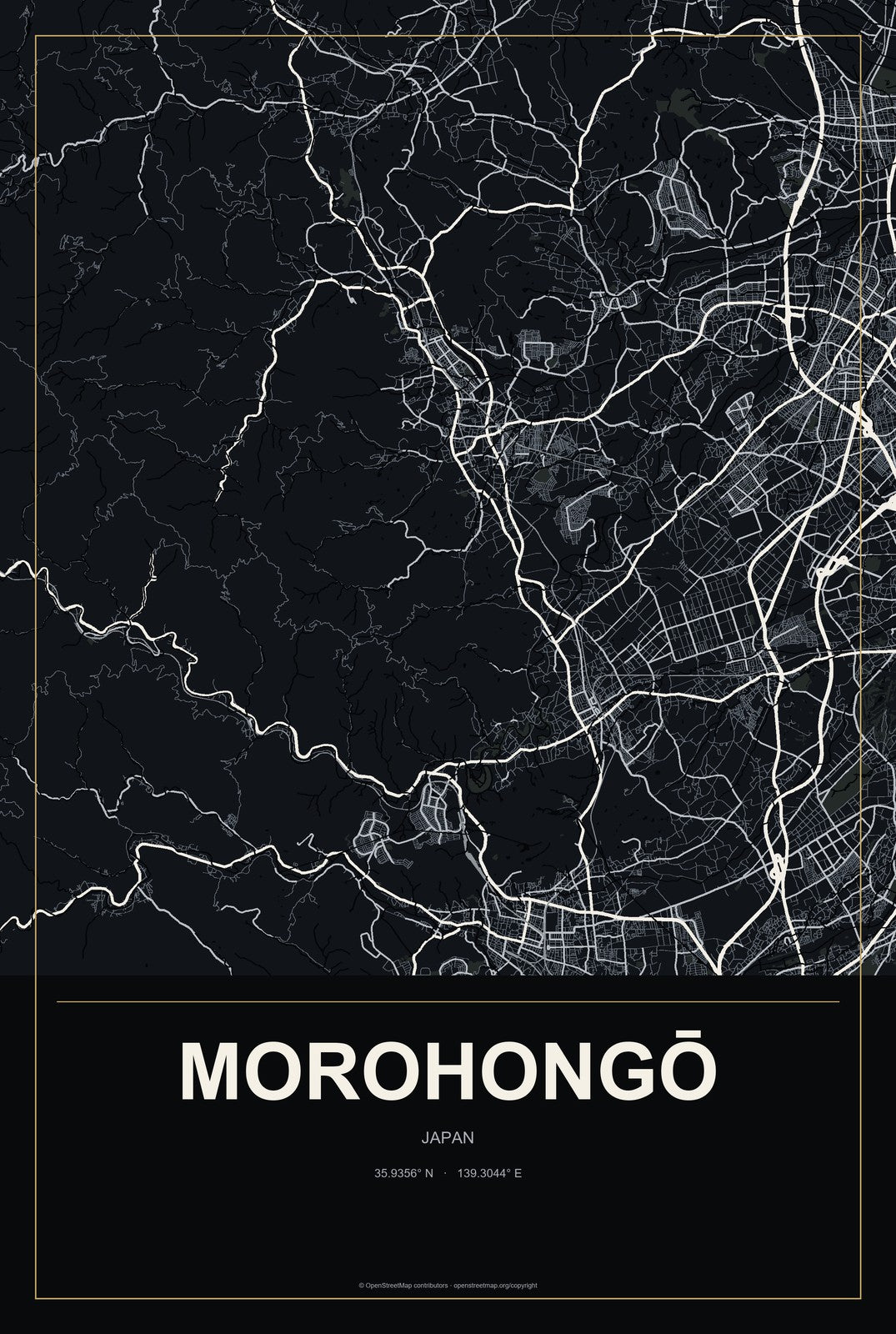 Morohongō, Japan City Map Aluminum Sign in Metropolitan Noir style