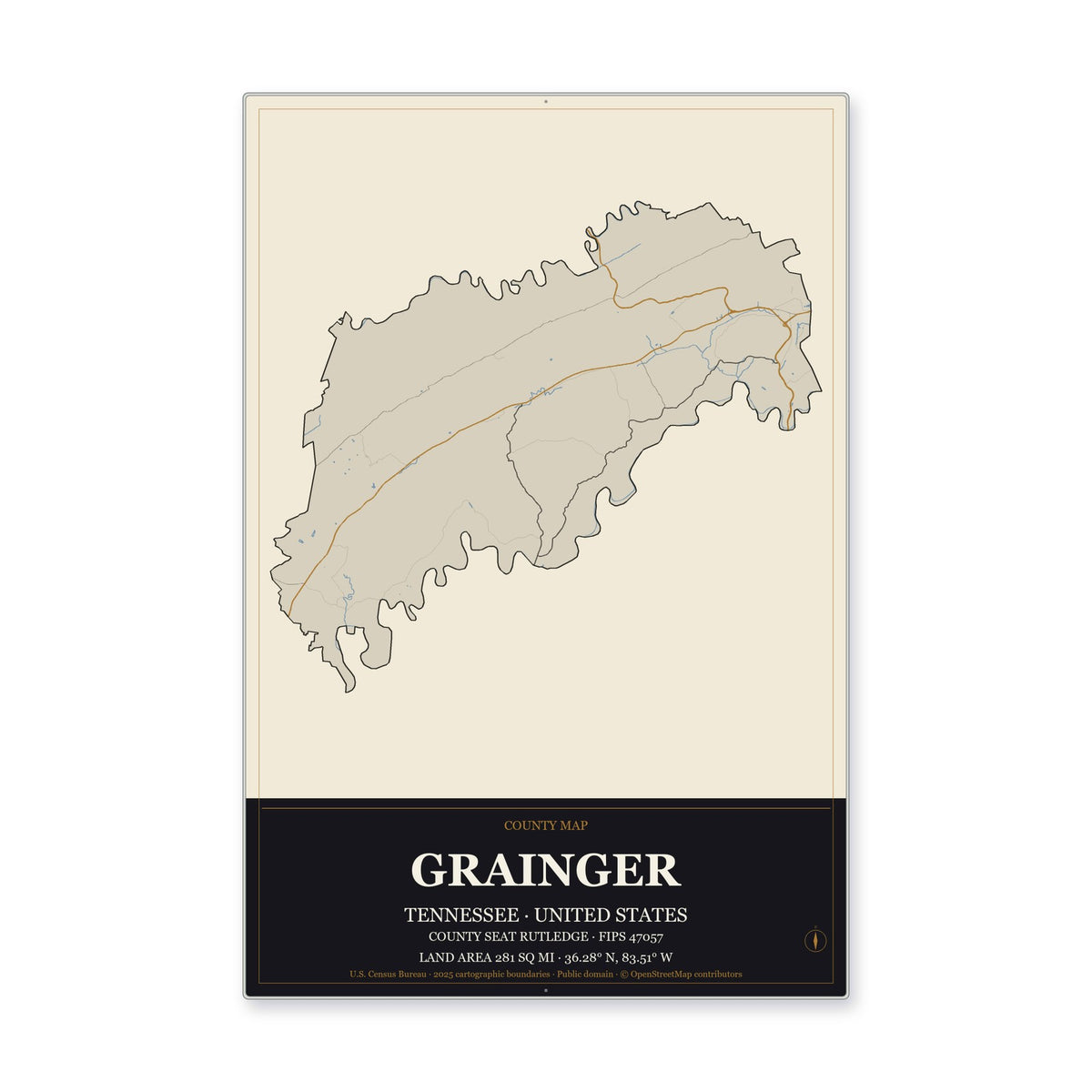 Grainger County, Tennessee Map Aluminum Sign in Museum Plaque style