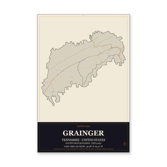 Grainger County, Tennessee Map Aluminum Sign in Museum Plaque style