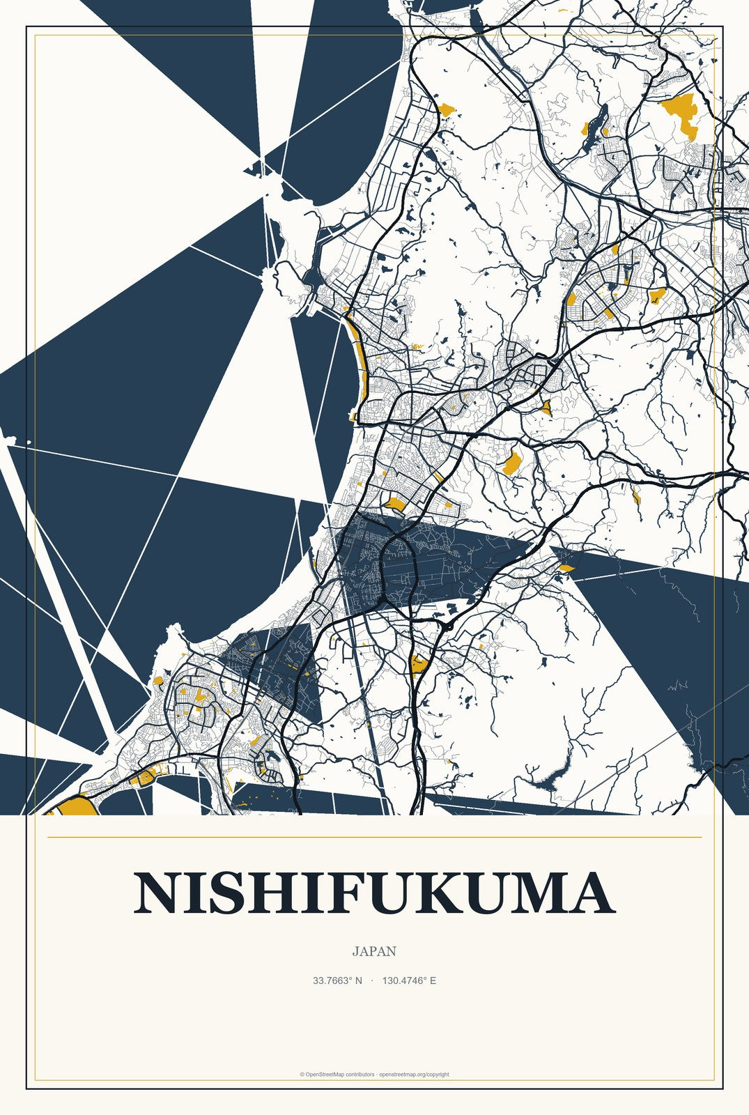 Nishifukuma, Japan City Map Aluminum Sign in Citrine Modern style