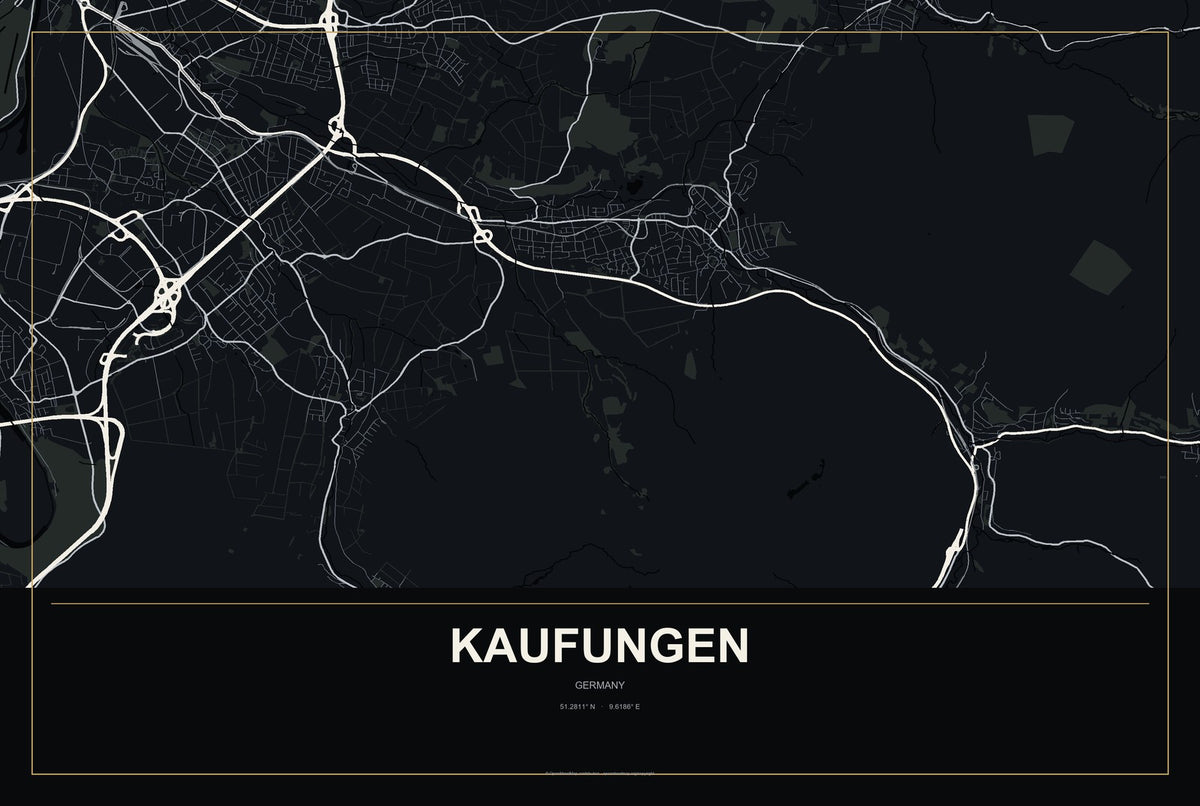 Kaufungen, Germany City Map Aluminum Sign in Metropolitan Noir style
