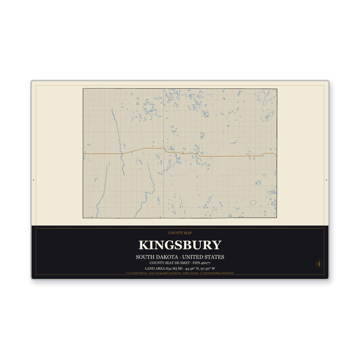 Kingsbury County, South Dakota Map Aluminum Sign in Museum Plaque style