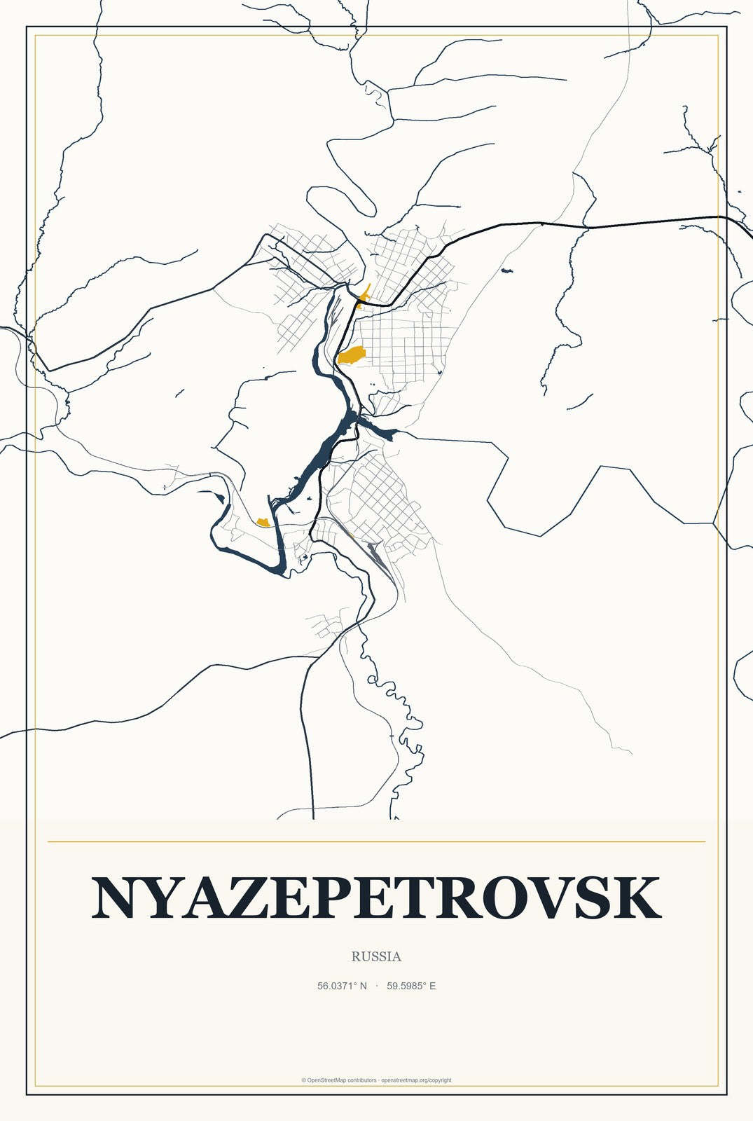 Nyazepetrovsk, Russia City Map Aluminum Sign in Citrine Modern style