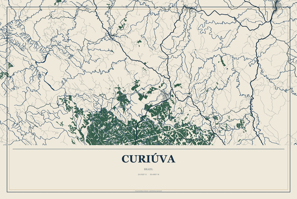 Curiúva, Brazil City Map Aluminum Sign in Coastal Cutout style