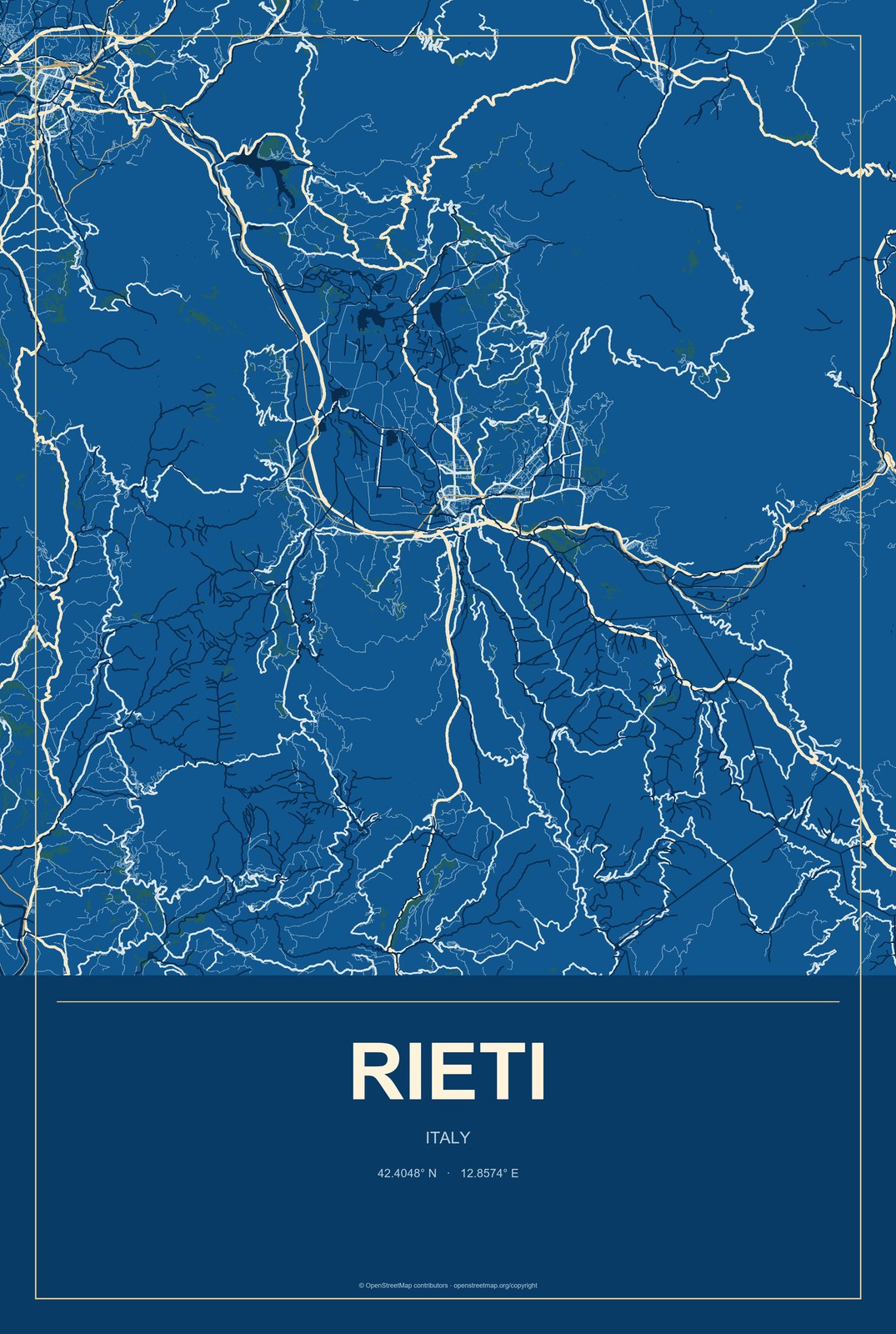 Rieti, Italy City Map Aluminum Sign in Harbor Cobalt style