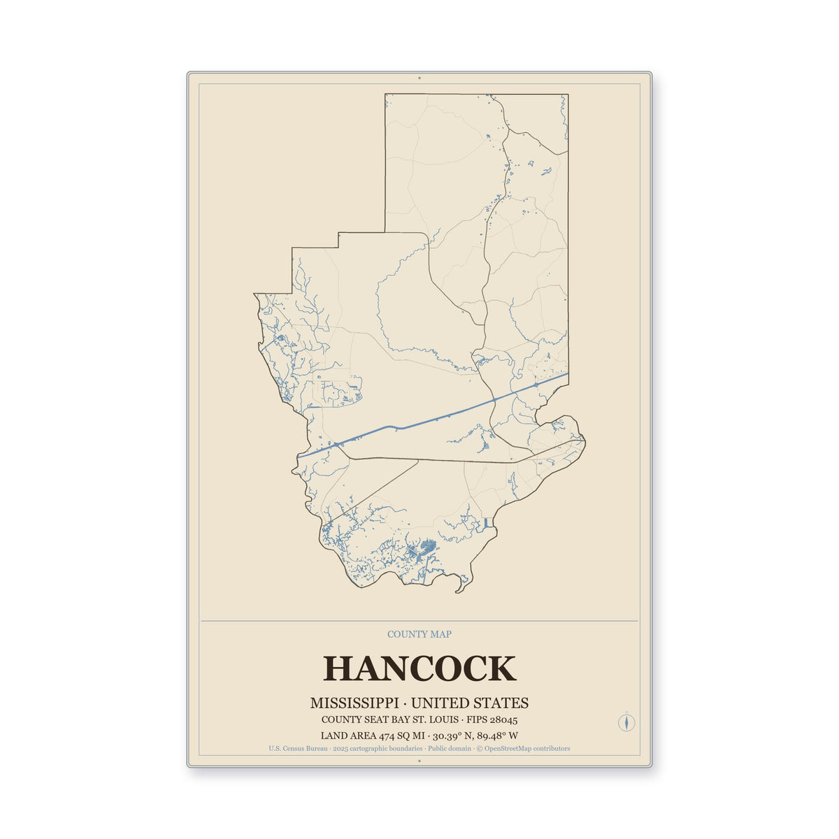 Hancock County, Mississippi Map Aluminum Sign in Heritage Nautical style