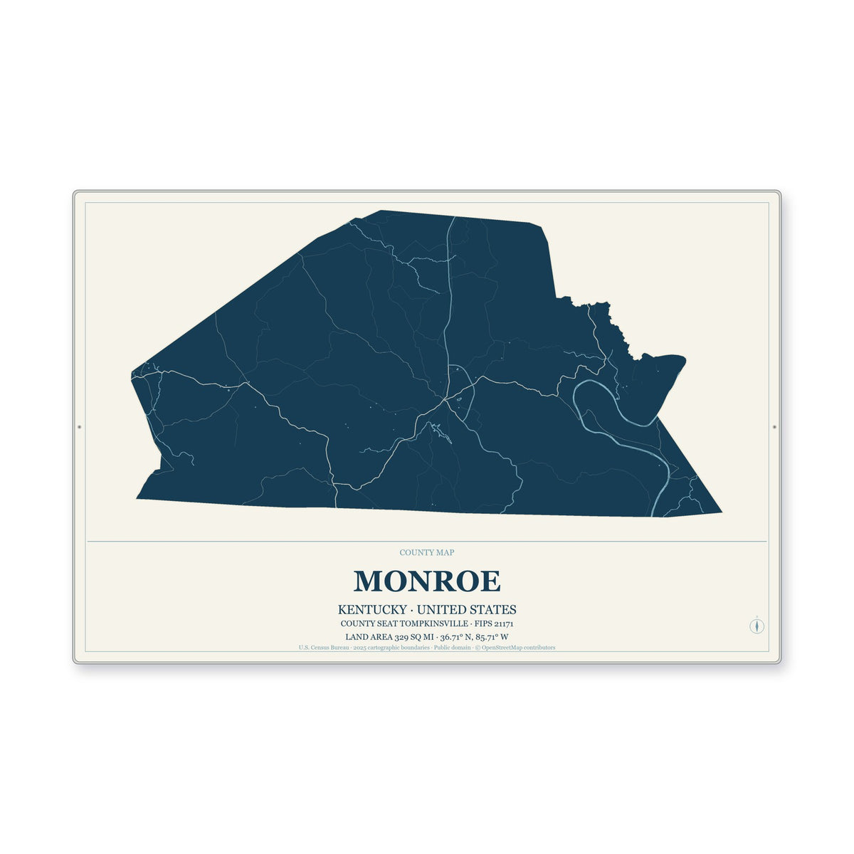 Monroe County, Kentucky Map Aluminum Sign in Coastal Cutout style