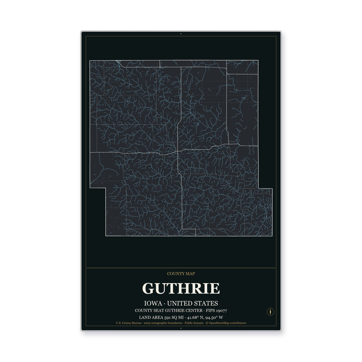 Guthrie County, Iowa Map Aluminum Sign in Metropolitan Noir style