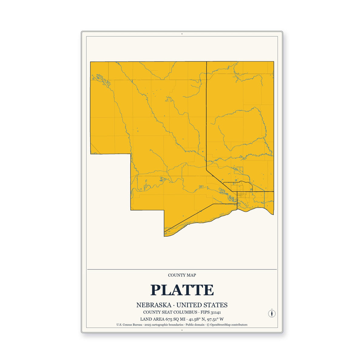 Platte County, Nebraska Map Aluminum Sign in Citrine Modern style