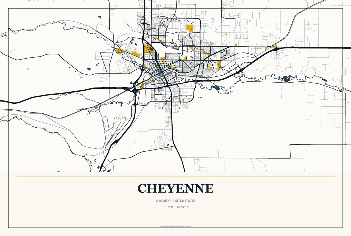 Cheyenne, Wyoming City Map Aluminum Sign in Citrine Modern style
