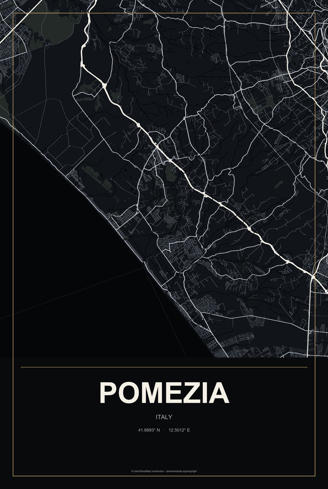 Pomezia, Italy City Map Aluminum Sign in Metropolitan Noir style