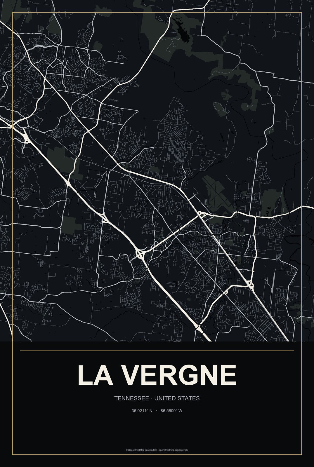 La Vergne, Tennessee City Map Aluminum Sign in Metropolitan Noir style