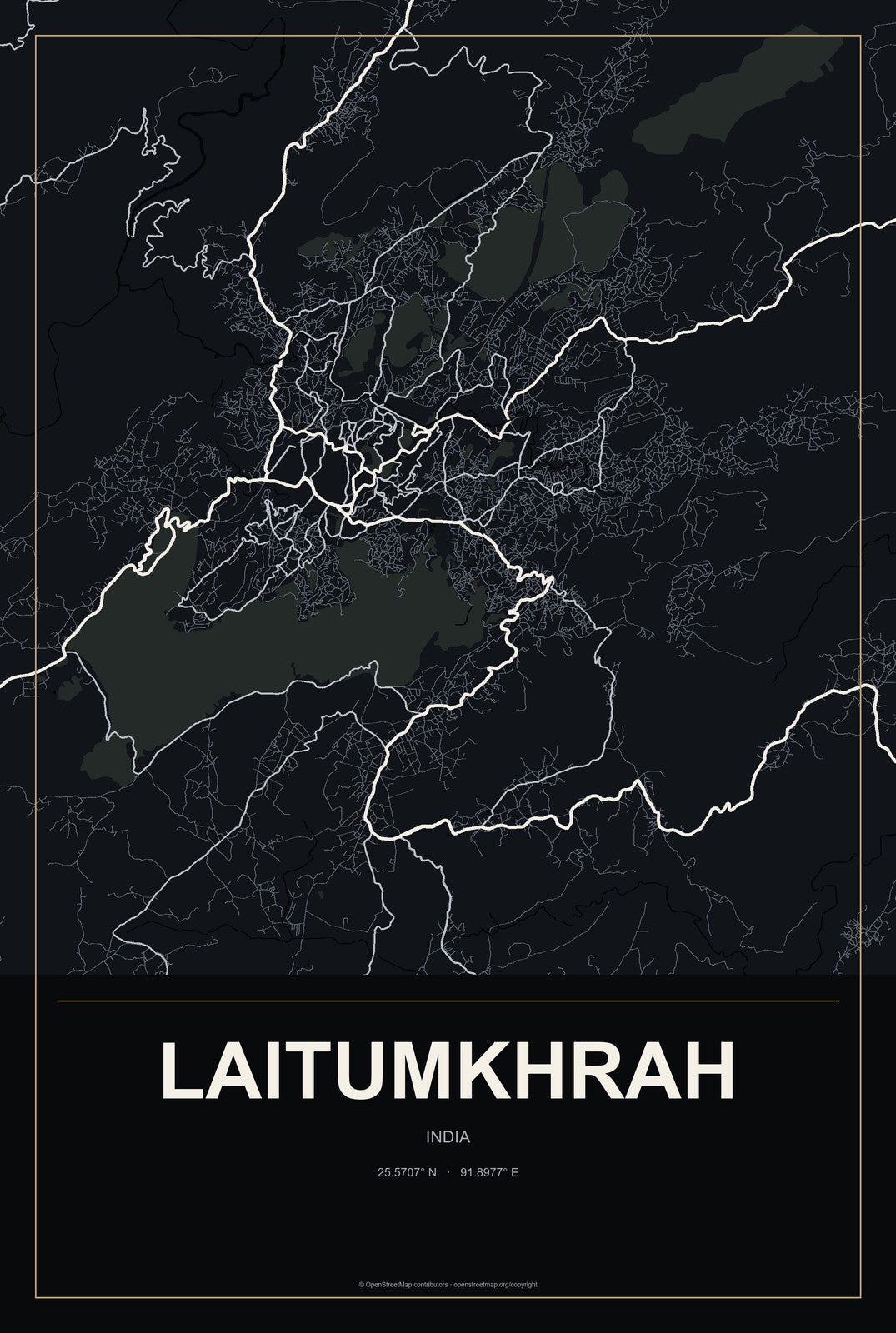 Laitumkhrah, India City Map Aluminum Sign in Metropolitan Noir style
