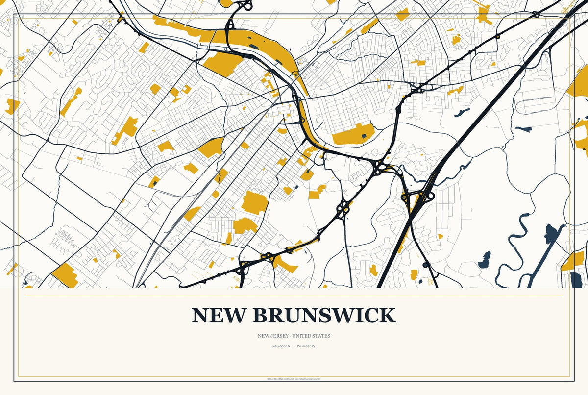 New Brunswick, New Jersey City Map Aluminum Sign in Citrine Modern style