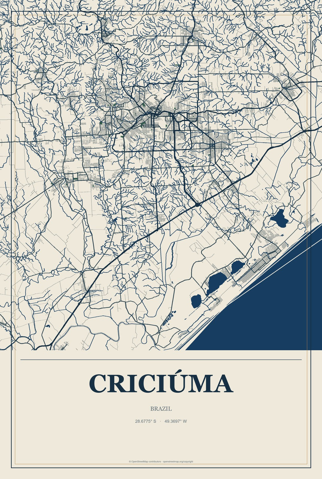 Criciúma, Brazil City Map Aluminum Sign in Coastal Cutout style