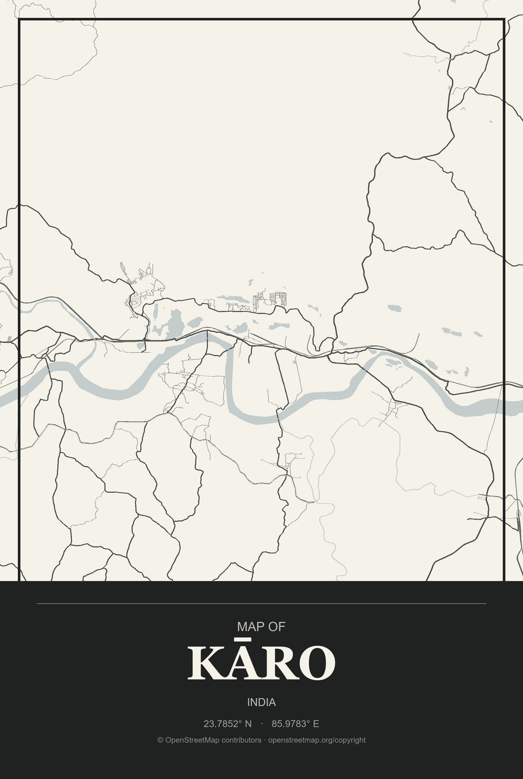 Kāro, India City Map Aluminum Sign in Museum Plaque style
