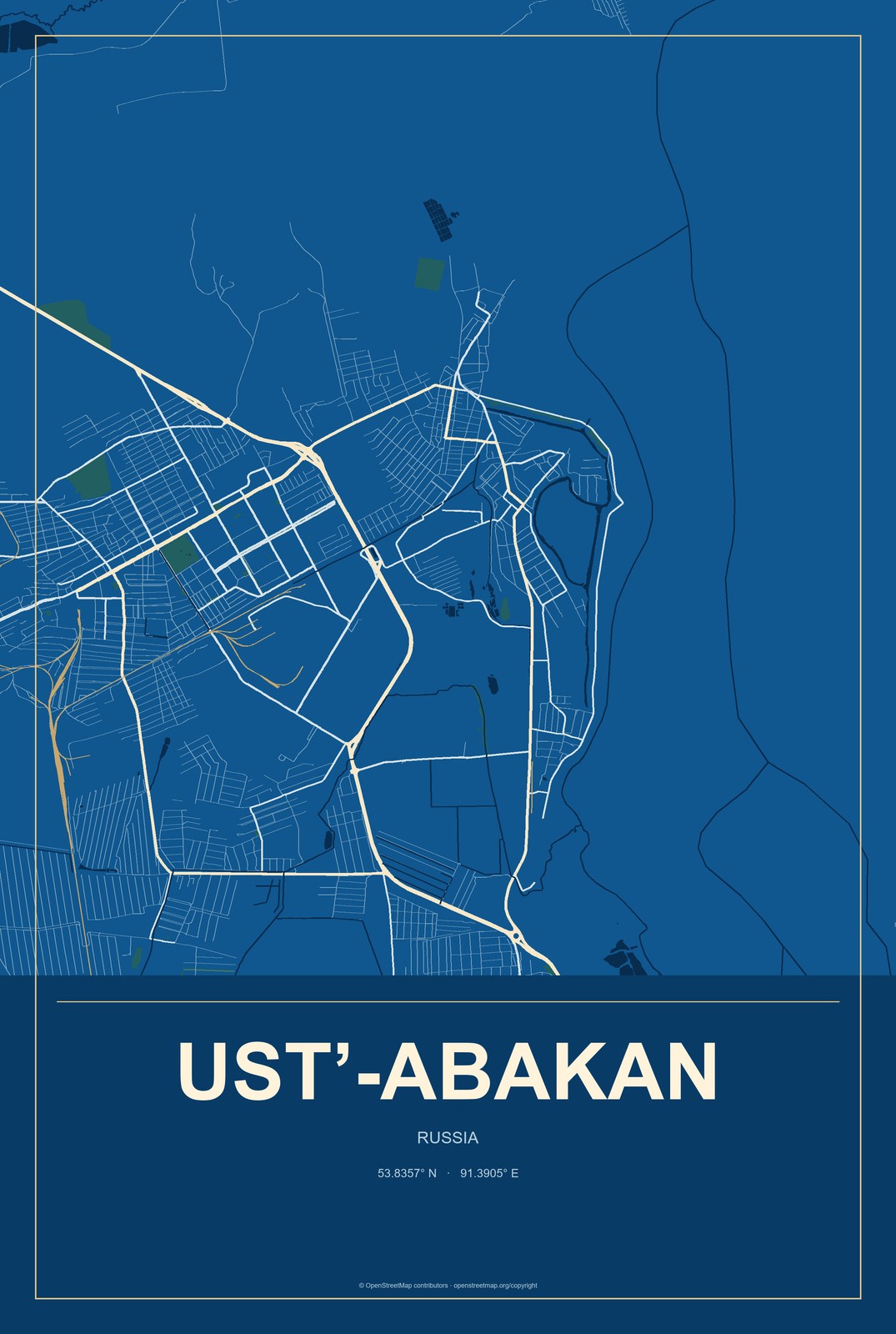 Ust’-Abakan, Russia City Map Aluminum Sign in Harbor Cobalt style