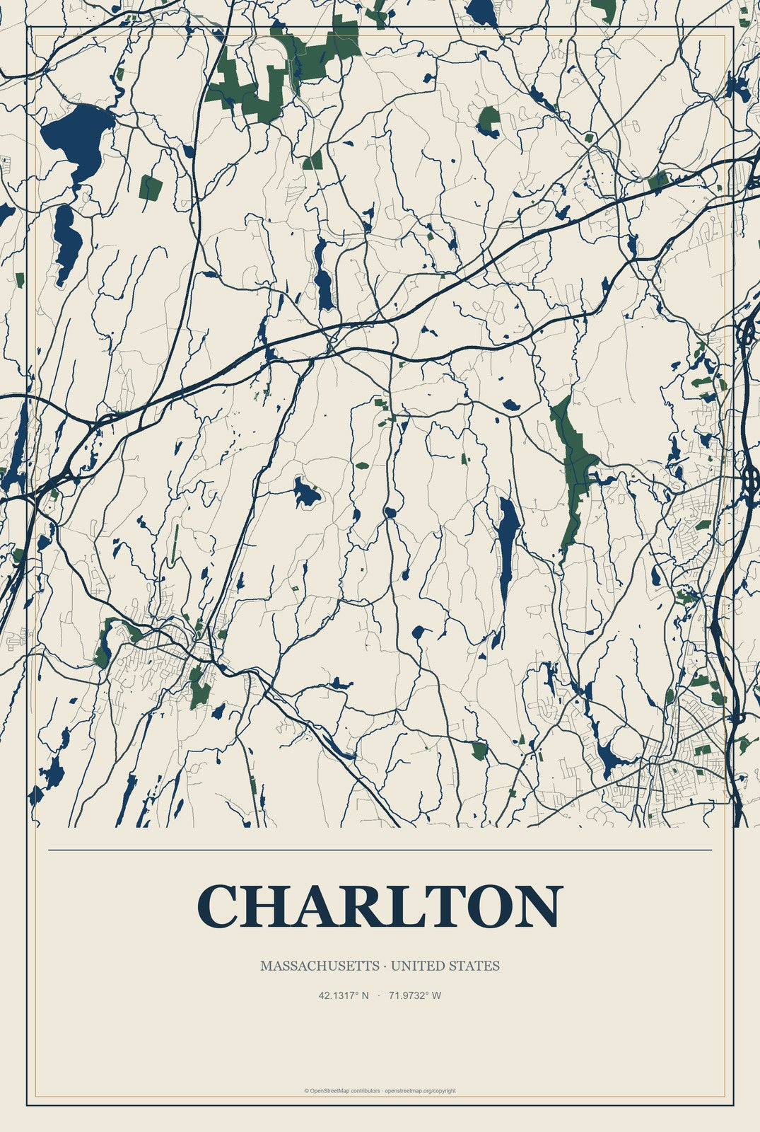 Charlton, Massachusetts City Map Aluminum Sign in Coastal Cutout style