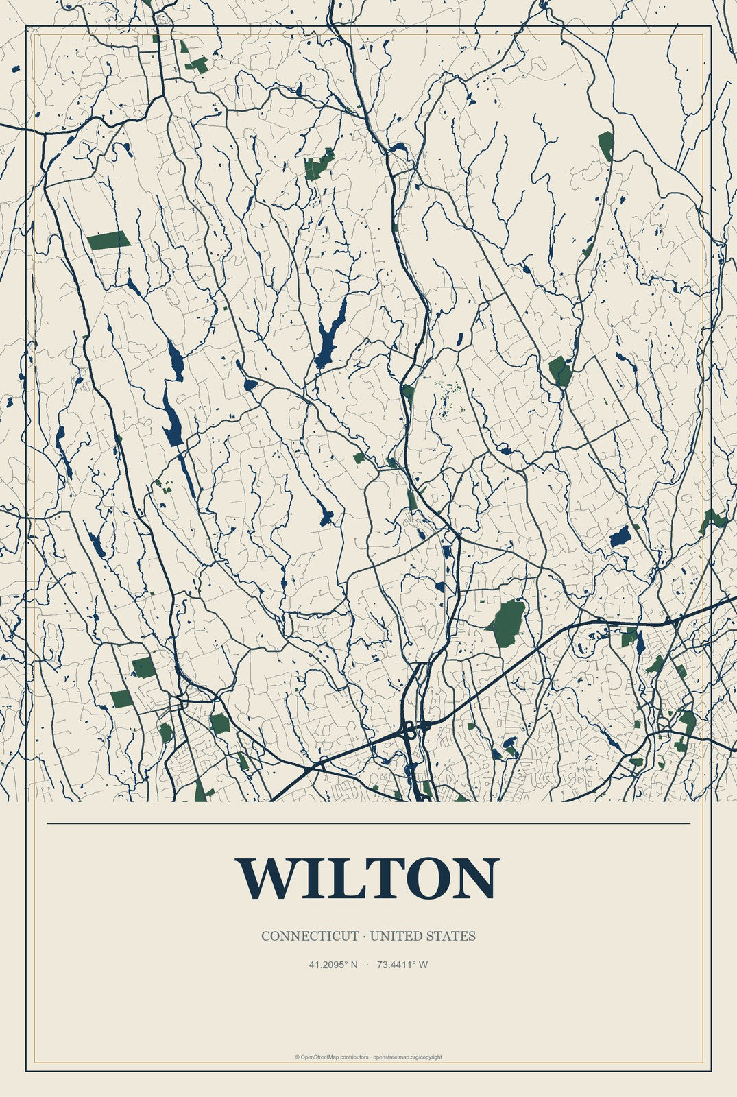 Wilton, Connecticut City Map Aluminum Sign in Coastal Cutout style