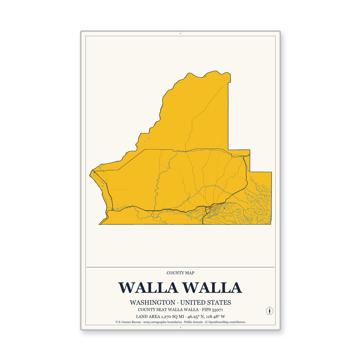 Walla Walla County, Washington Map Aluminum Sign in Citrine Modern style