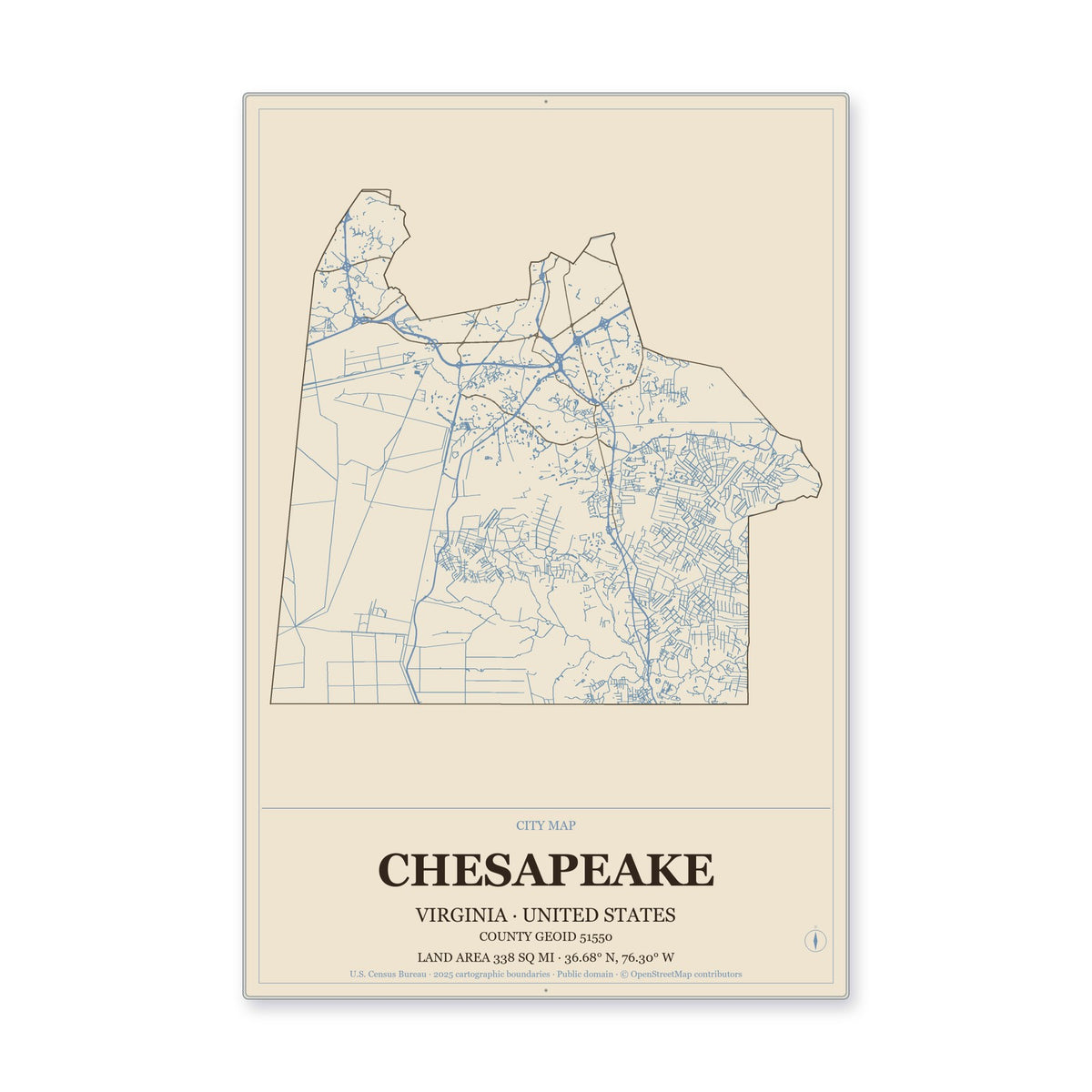 Chesapeake city, Virginia Map Aluminum Sign in Heritage Nautical style