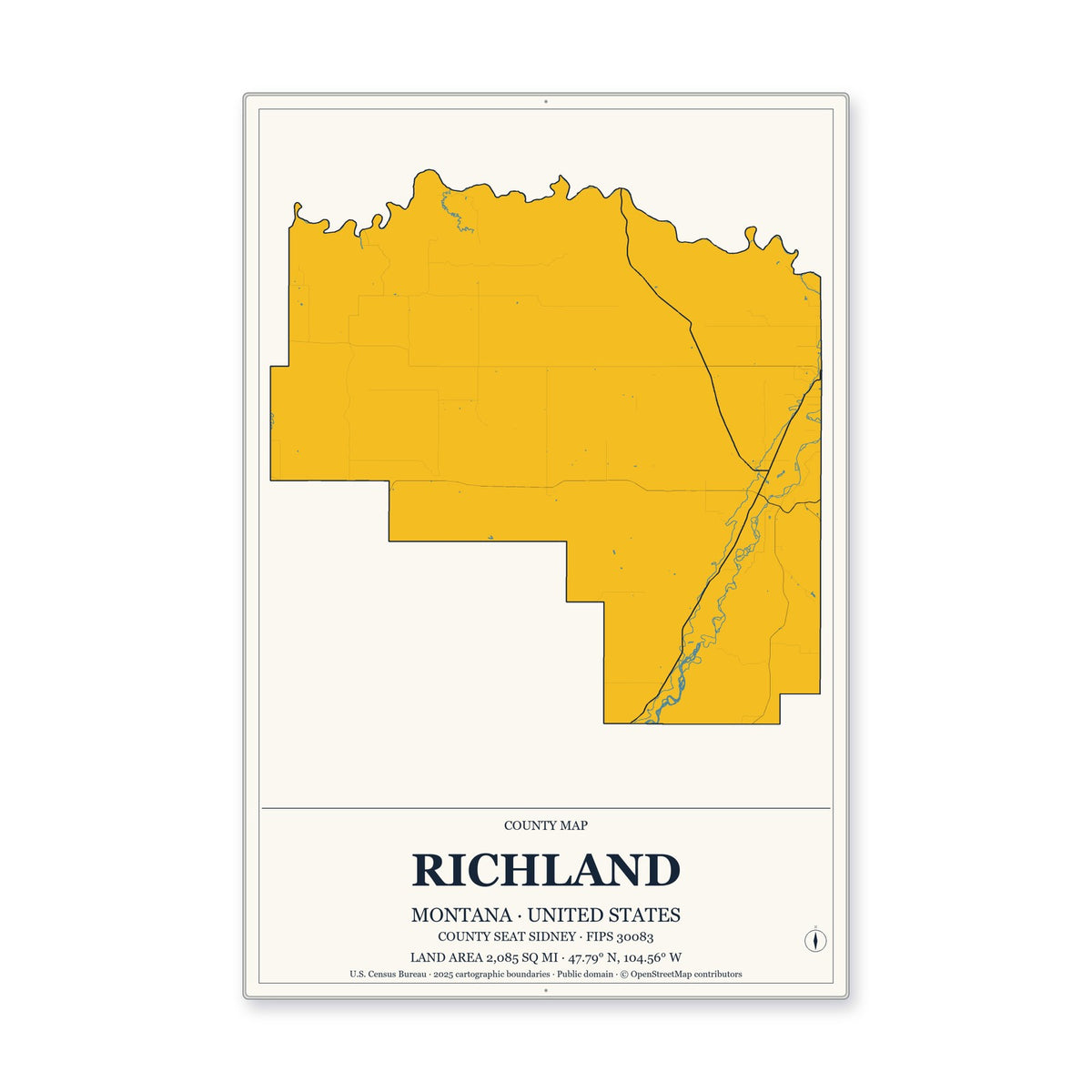 Richland County, Montana Map Aluminum Sign in Citrine Modern style