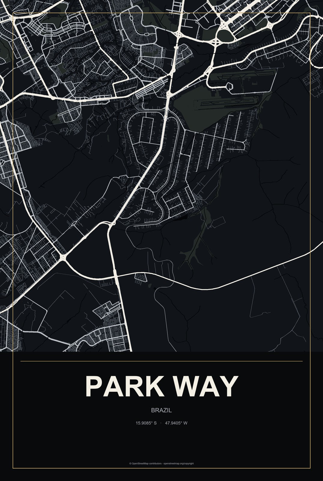 Park Way, Brazil City Map Aluminum Sign in Metropolitan Noir style