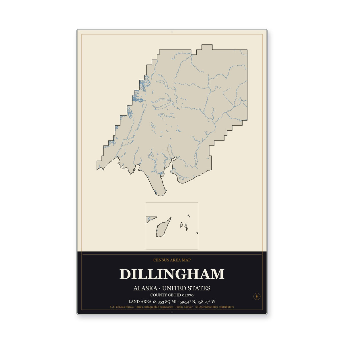 Dillingham Census Area, Alaska Map Aluminum Sign in Museum Plaque style