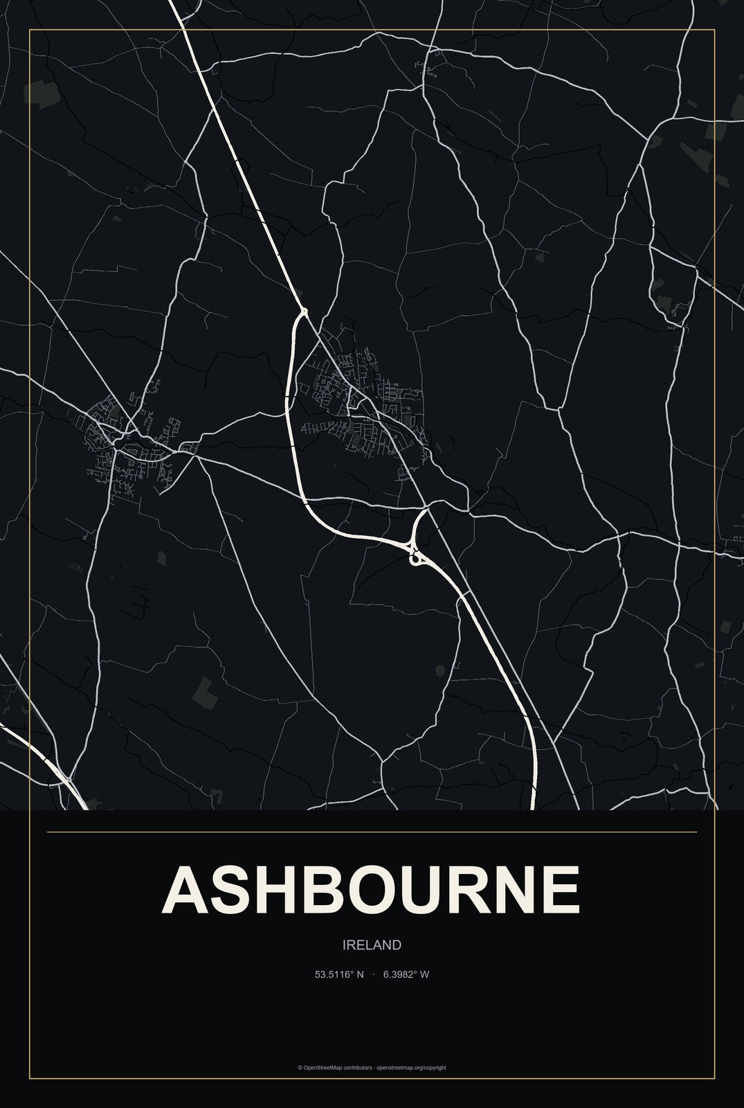 Ashbourne, Ireland City Map Aluminum Sign in Metropolitan Noir style