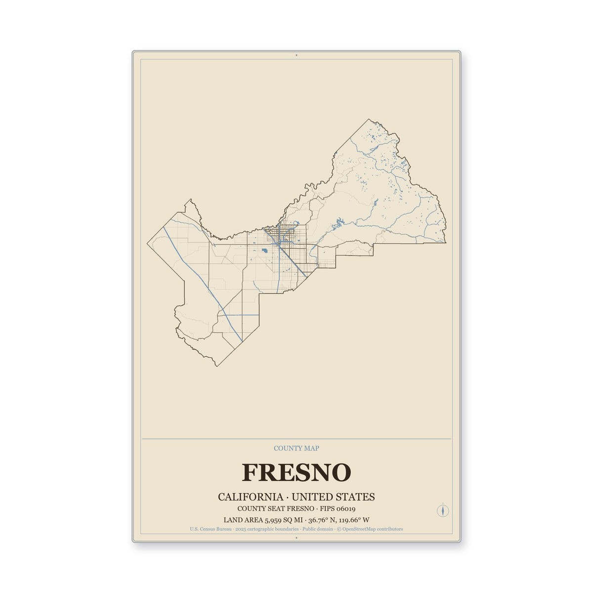 Fresno County, California Map Aluminum Sign in Heritage Nautical style