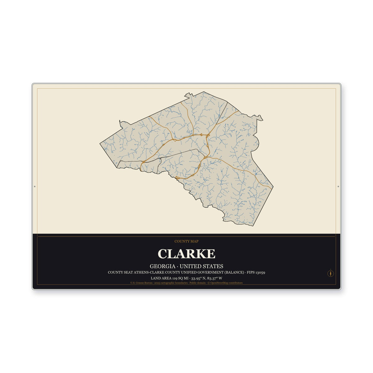 Clarke County, Georgia Map Aluminum Sign in Museum Plaque style