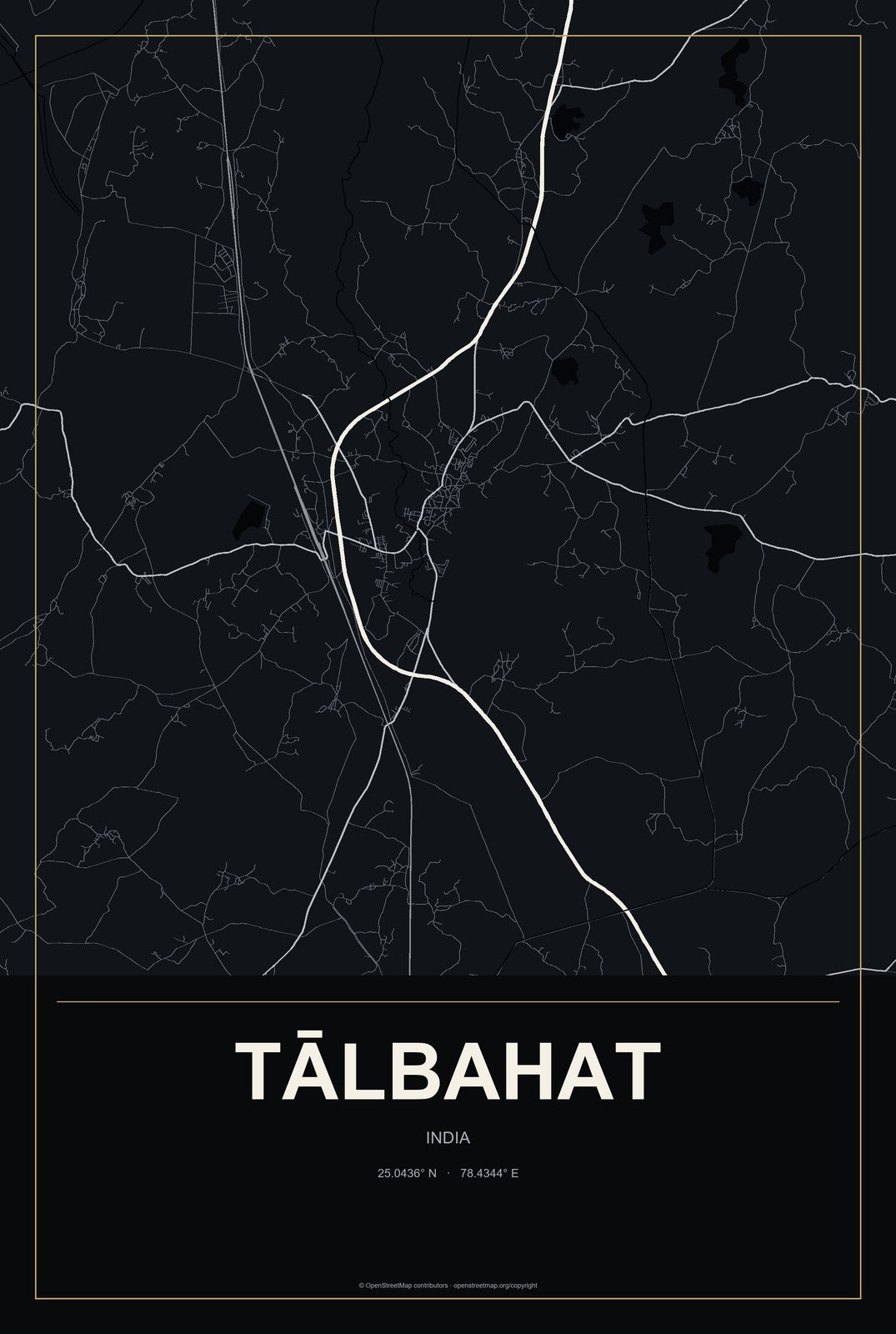Tālbahat, India City Map Aluminum Sign in Metropolitan Noir style
